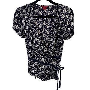 Sundance Silk Wrap Top Sz 8 Navy‎ Blue Floral Cottage Prairie Preppy Y2K Girly